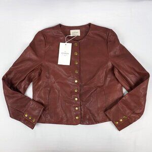 Sezane Marlys Short Jacket in Chestnut Smooth Leather - Size US 2 (NWT)